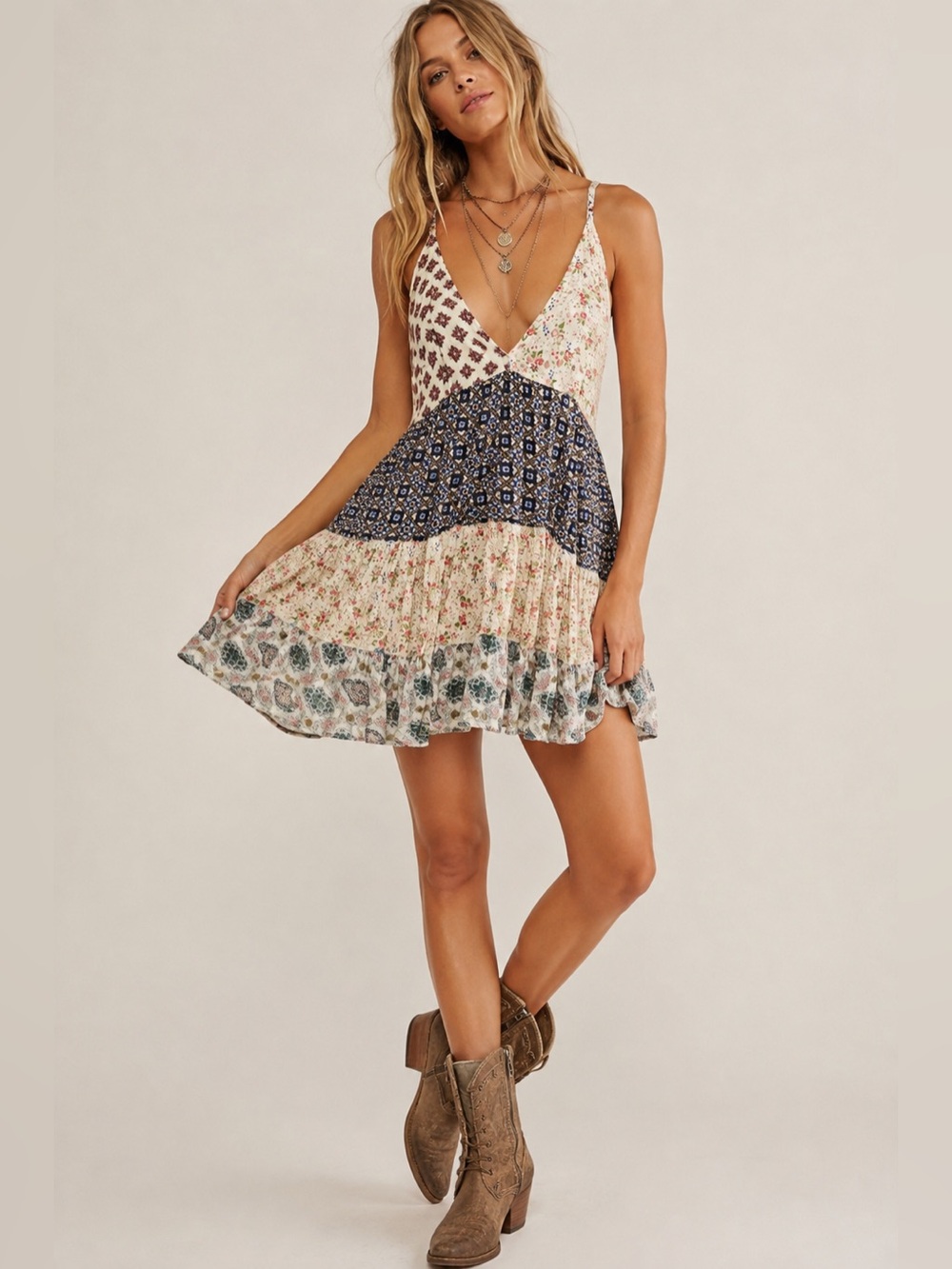 Grace & Lace Patchwork Floral Mini Dress Boho Racerback Sundress